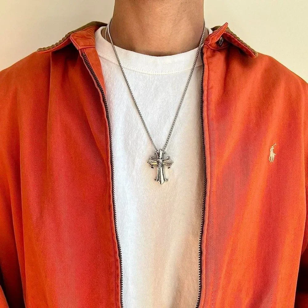y2k grunge chrome color silver cross skull pendant necklace